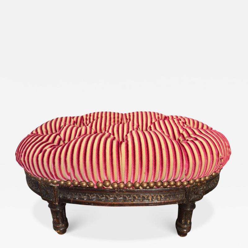 Antique Lions XVI Carved Walnut Silk Velvet Tufted Petite Footstool Ottoman