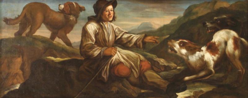 Antique Lombard painting from the 17th century the shepherd with his dogs