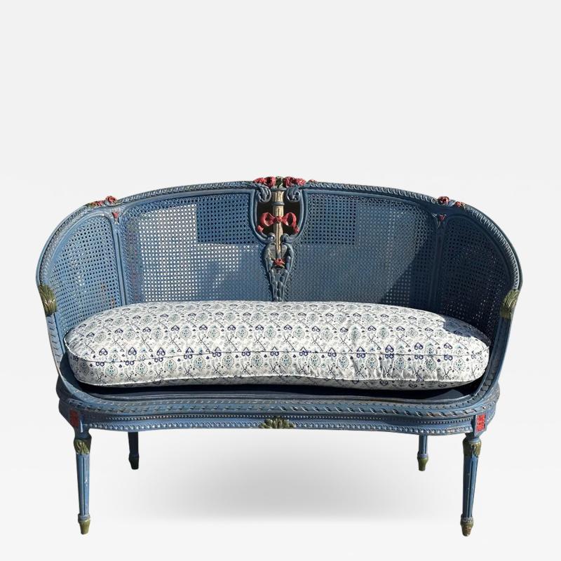 Antique Louis XV French Provincial Blue Settee W Down Cushion