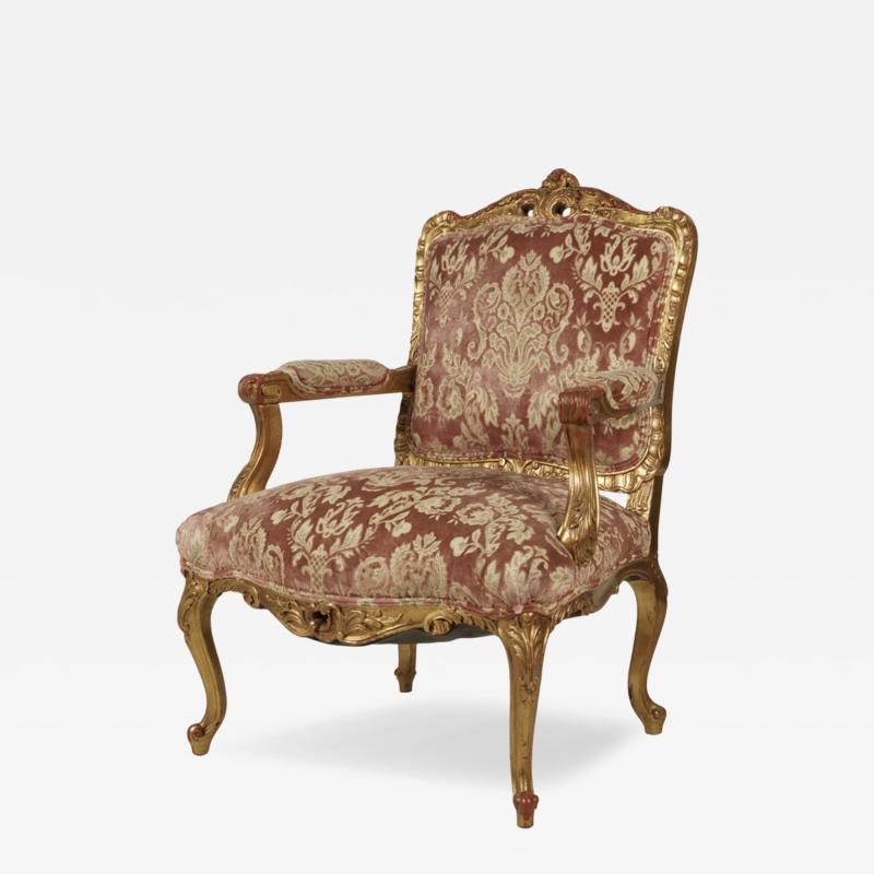 Antique Louis XV Style Giltwood Cut Velvet Fauteuil Arm Chair