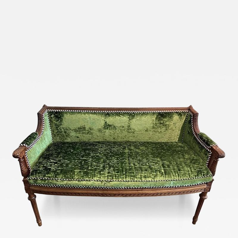 Antique Louis XVI Emerald Green Silk Velvet Sofa Settee