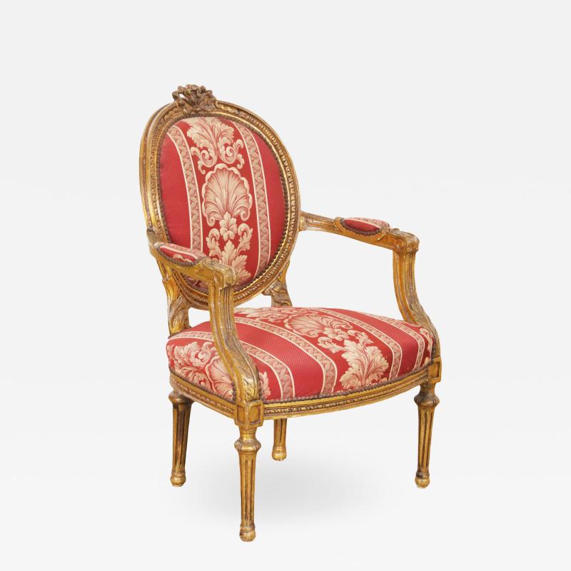 Antique Louis XVI Style Giltwood Upholstered Fauteuil Arm Chair