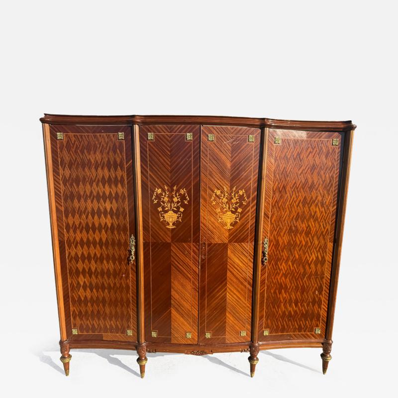 Antique Louis XVI Style Walnut Armoire w Brass Ormolu Inlay and Parquetry