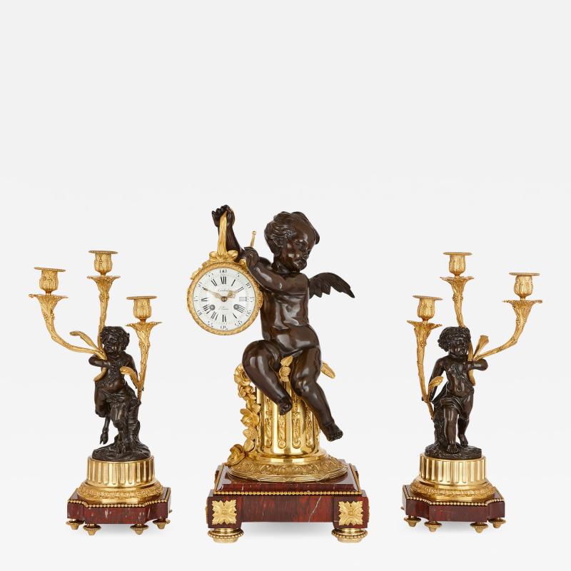 Antique Louis XVI style marble gilt and patinated bronze clock set