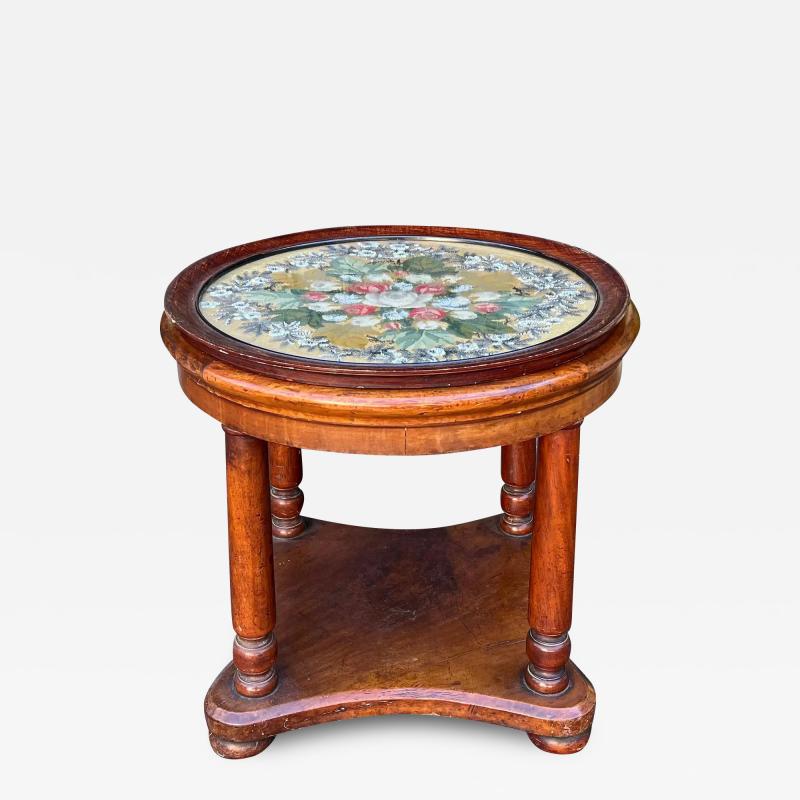 Antique Mahogany Side Table W Petitoint Glass Tray Top