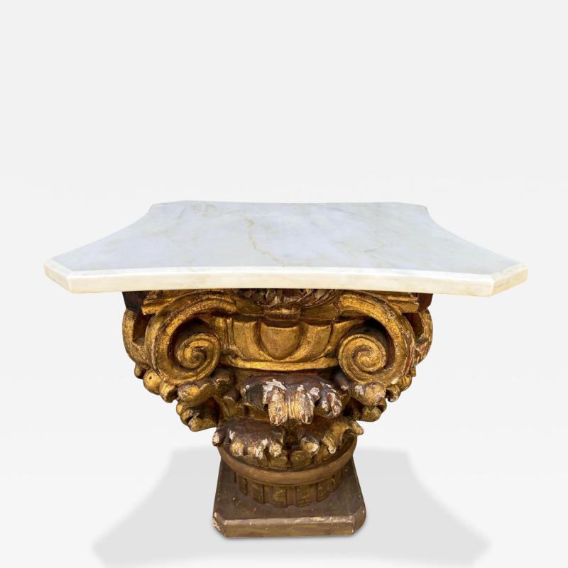 Antique Marble Top Gilt Wooden Architectural Corinthian Capital Table