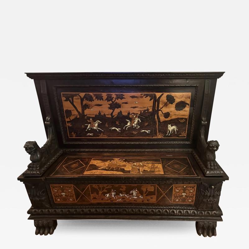 Antique Marquetry Inlaid Horse Dog Hunt Scene Settle Bench