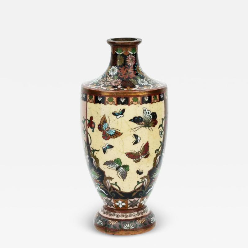 Antique Meiji Japanese Cloisonne Enamel Butterfly and Cranes in Flight Vase