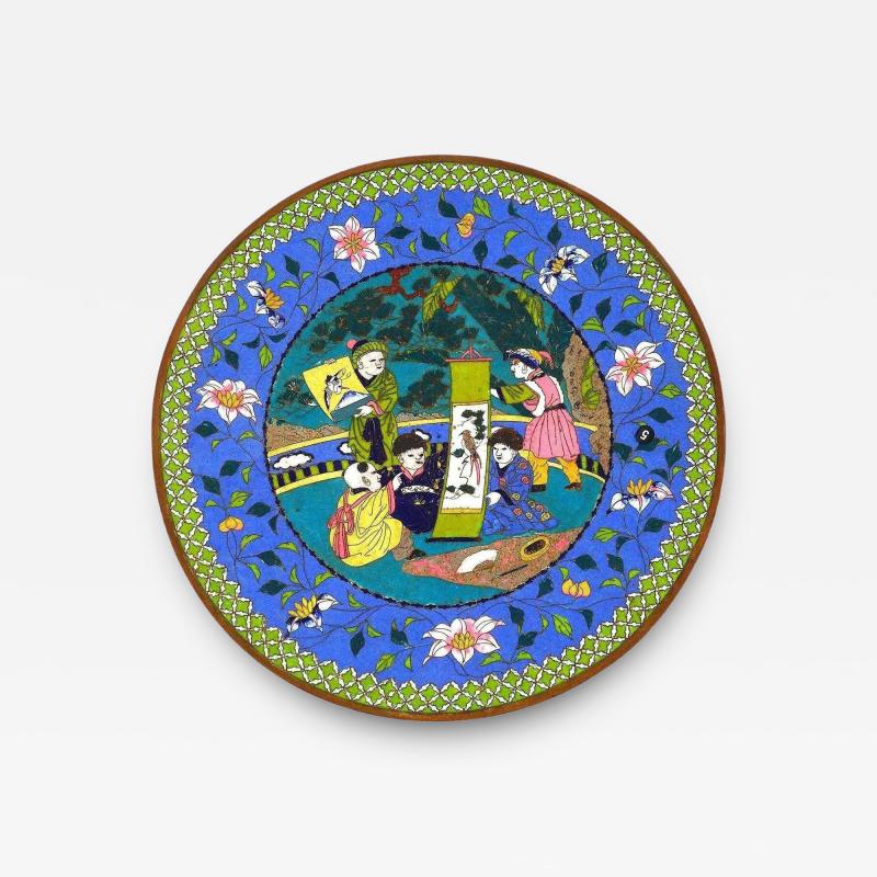Antique Meiji Japanese Cloisonne Enamel Pink And Purple Plate With Children