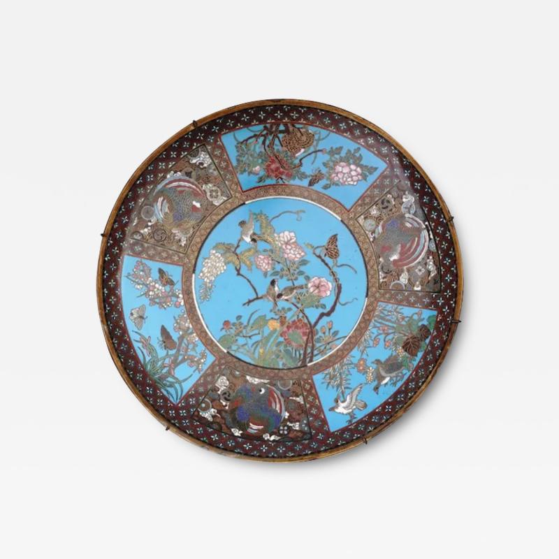 Antique Meiji Japanese Cloisonne Enamel Plate Charger Birds Butterflies