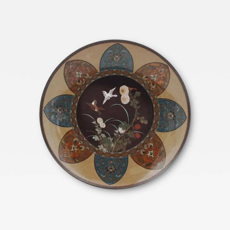 Antique Meiji Japanese Cloisonne Enamel Plate Charger Two Sparrows in Blossoming