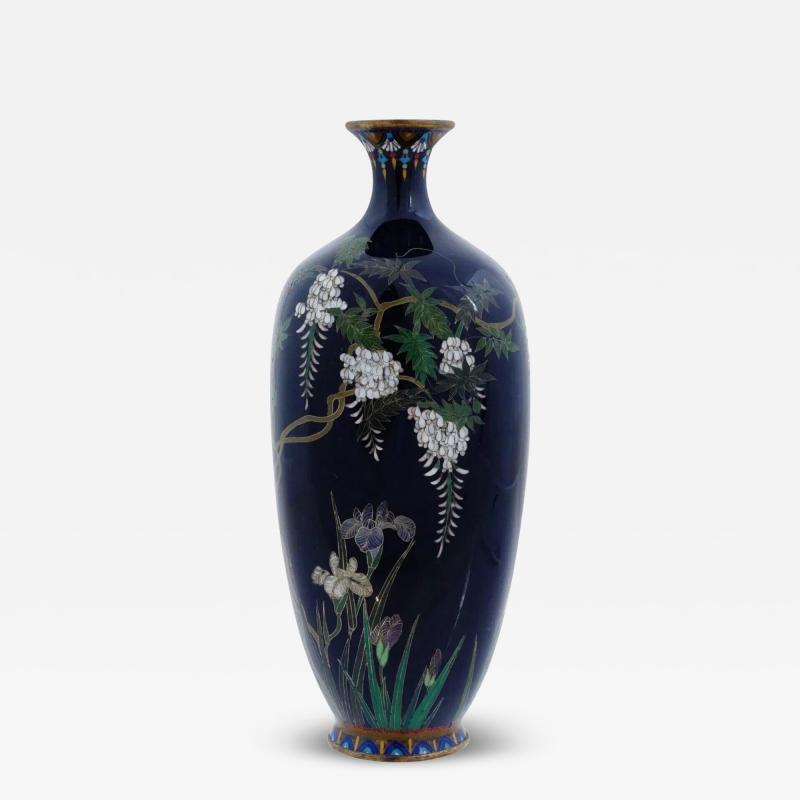 Antique Meiji Japanese Cloisonne Enamel Vase Wisteria Attributed To OTA Silver