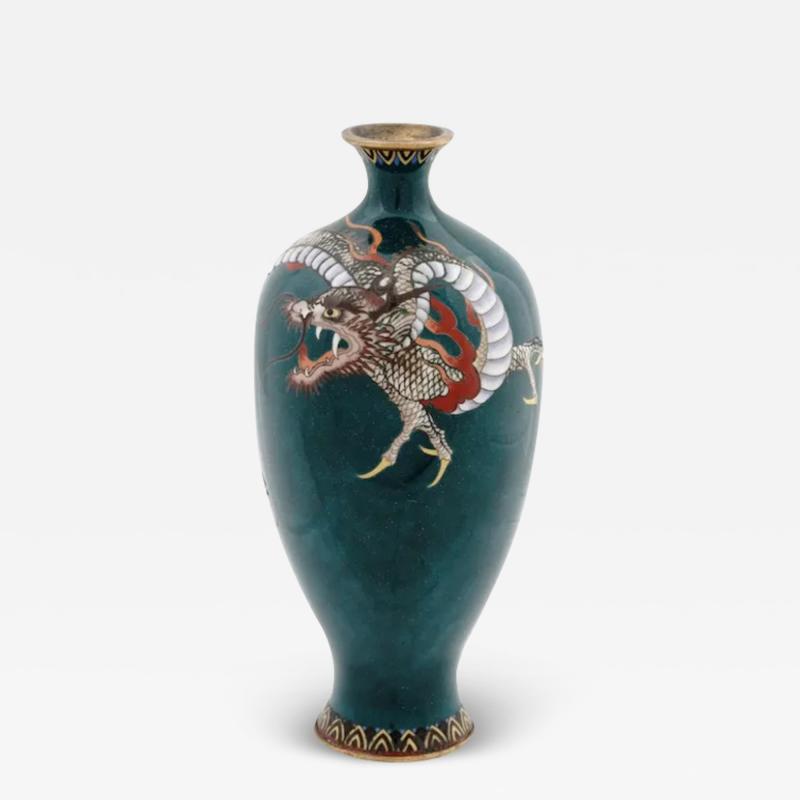 Antique Meiji Japanese Cloisonne Green Goldstone Enamel Dragon Vase