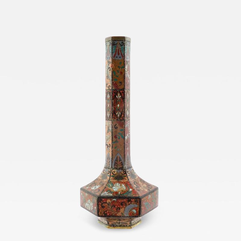 Antique Meiji Japanese Cloisonne Hexagonal Goldstone Enamel Vase