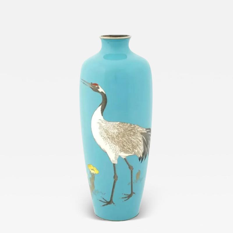 Antique Meiji Japanese Cloisonne Turquoise Enamel Crane Vase Signed OTA