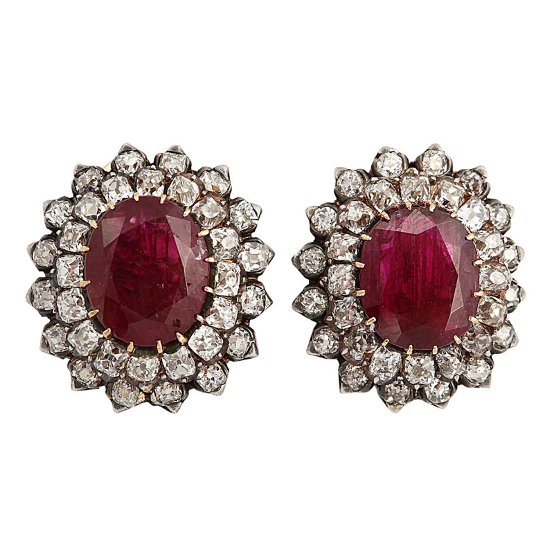 Antique Natural Burma Ruby Diamond Ear Clips