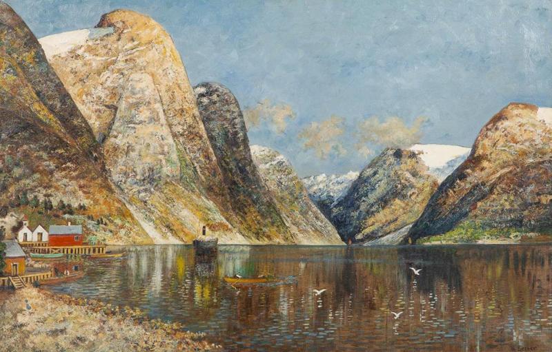Antique Norwegian Oil Painting on Canvas of the Fjords by Becher C 1930