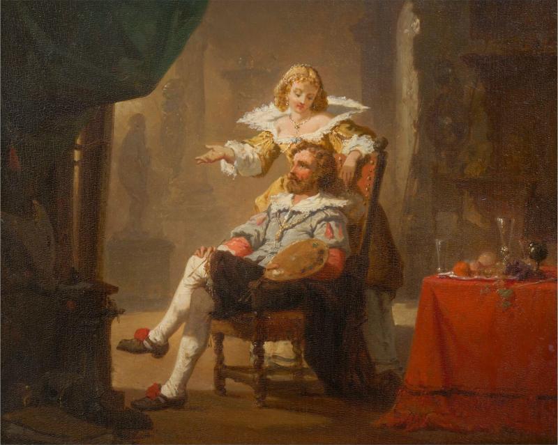 Antique Oil Painting of Artist and His Muse 1856 by Hendrik Frans Schaefels