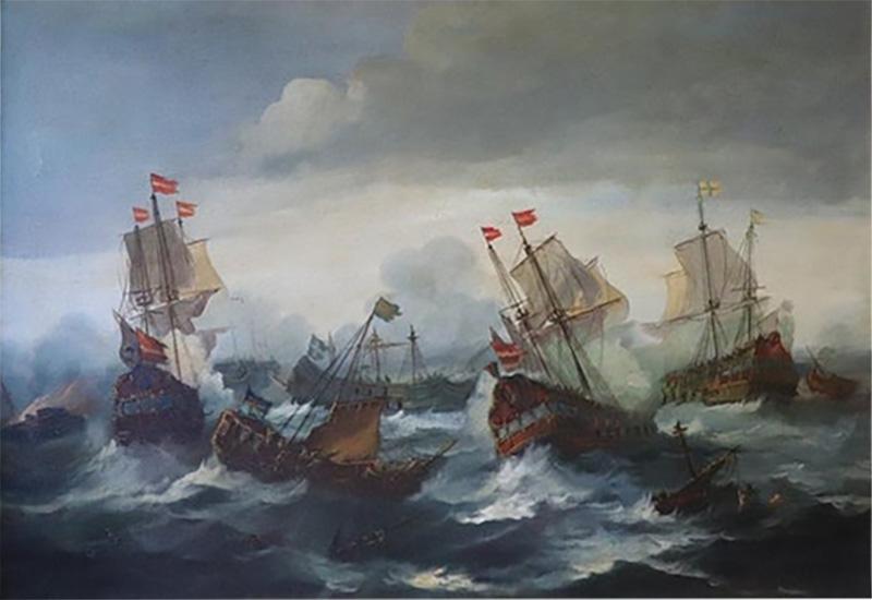 Antique Oil Painting on Canvas Battle Between Galleons 19th century