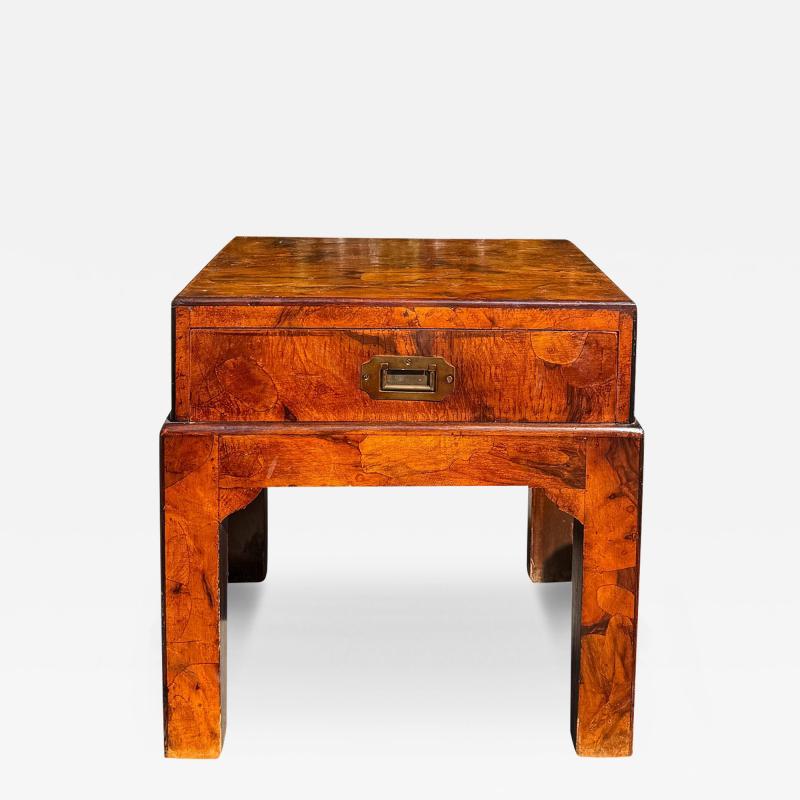 Antique Oyster Burl Walnut Campaign Low Nightstand or Side Table