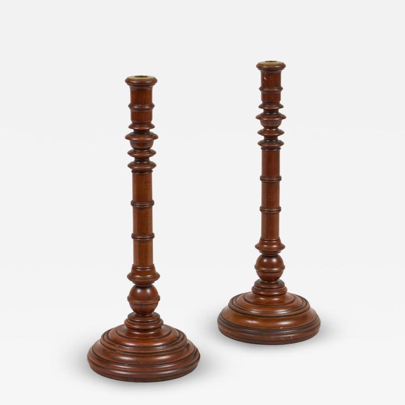Antique Pair Mahogany Tall Turned Candlesticks