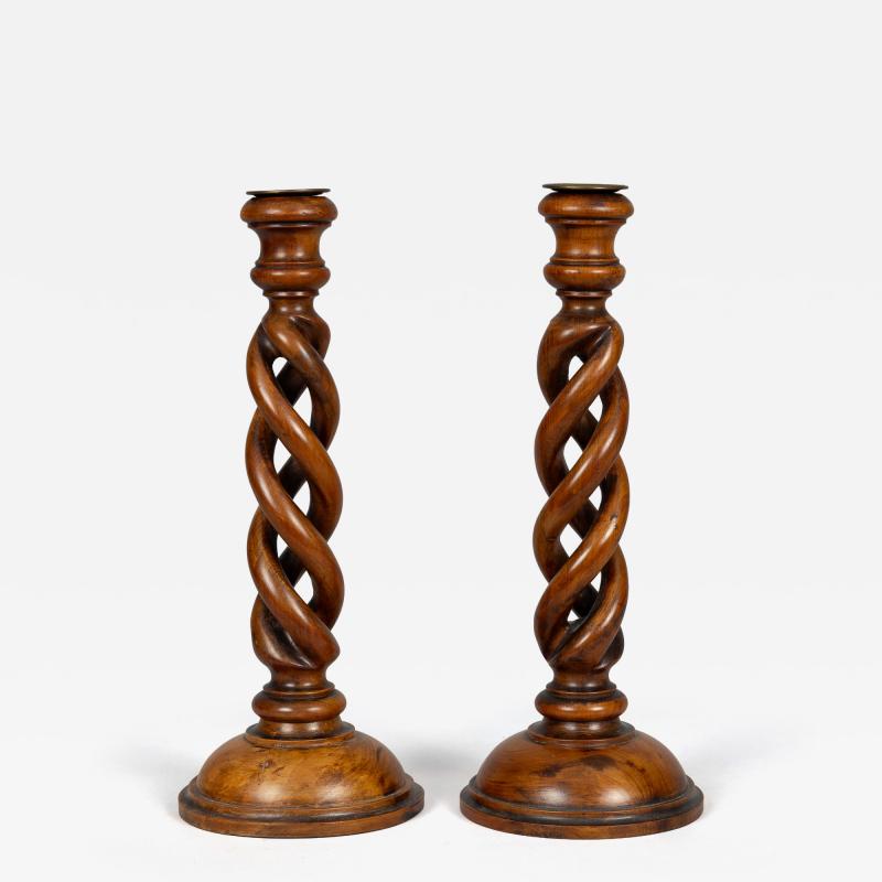 Antique Pair Yew Wood Open Barley Twist Candlesticks