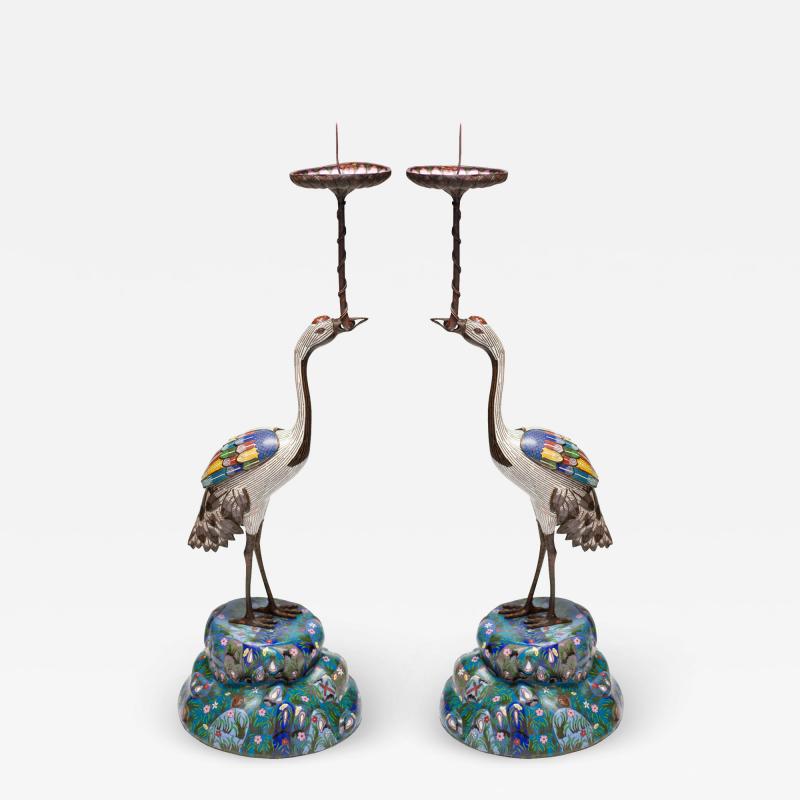 Antique Pair of Blue White and Multicoloured Cloisonn Cranes