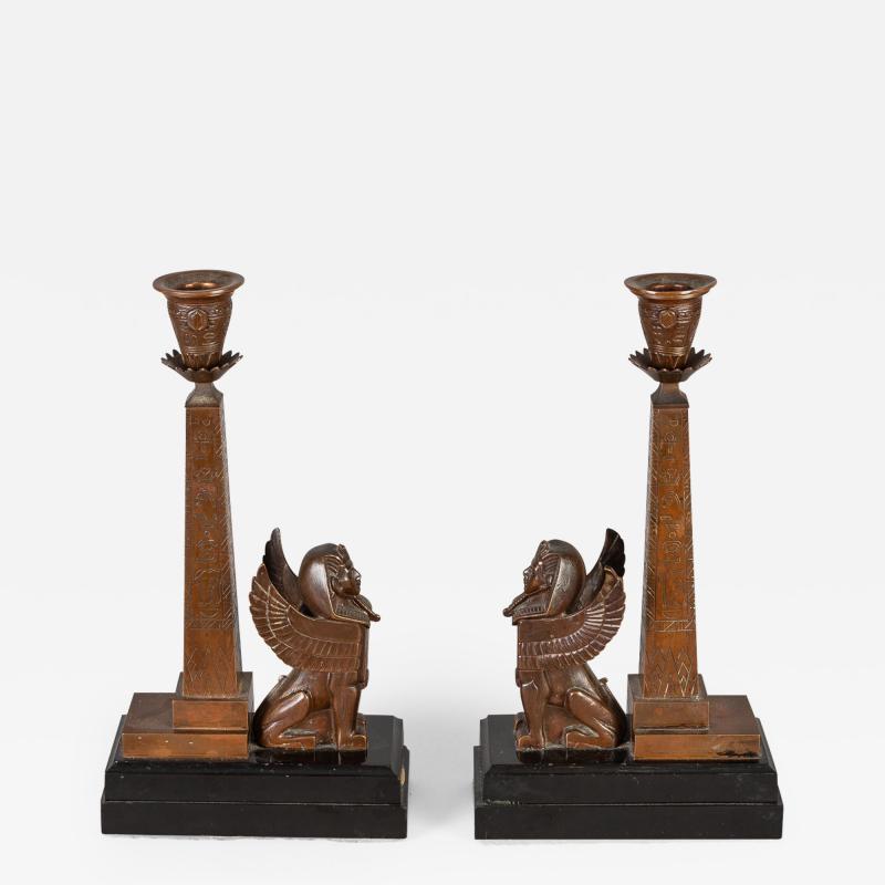 Antique Pair of English Egyptian Revival Candlesticks