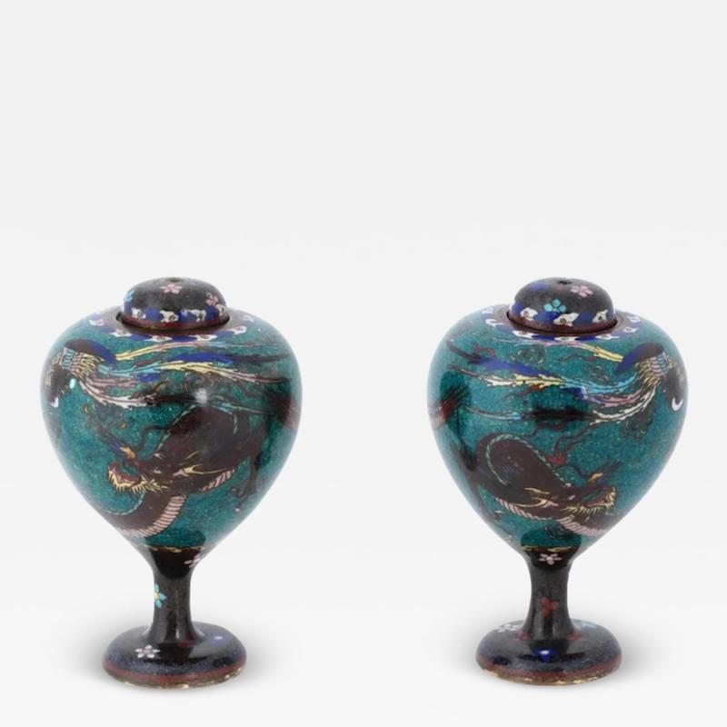 Antique Pair of Japanese Cloisonne Enamel Dragon and Phoenix Bird Jars