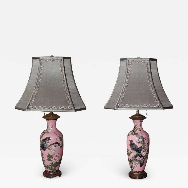 Antique Pair of Japanese Handpainted Pink Porcelain Lamps with Silver Shades