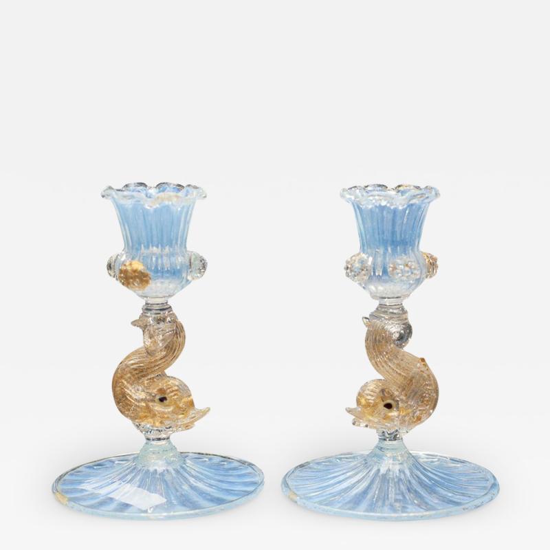 Antique Pair of Venetian Candlesticks in Opalescent Glass with Dolphin Motif