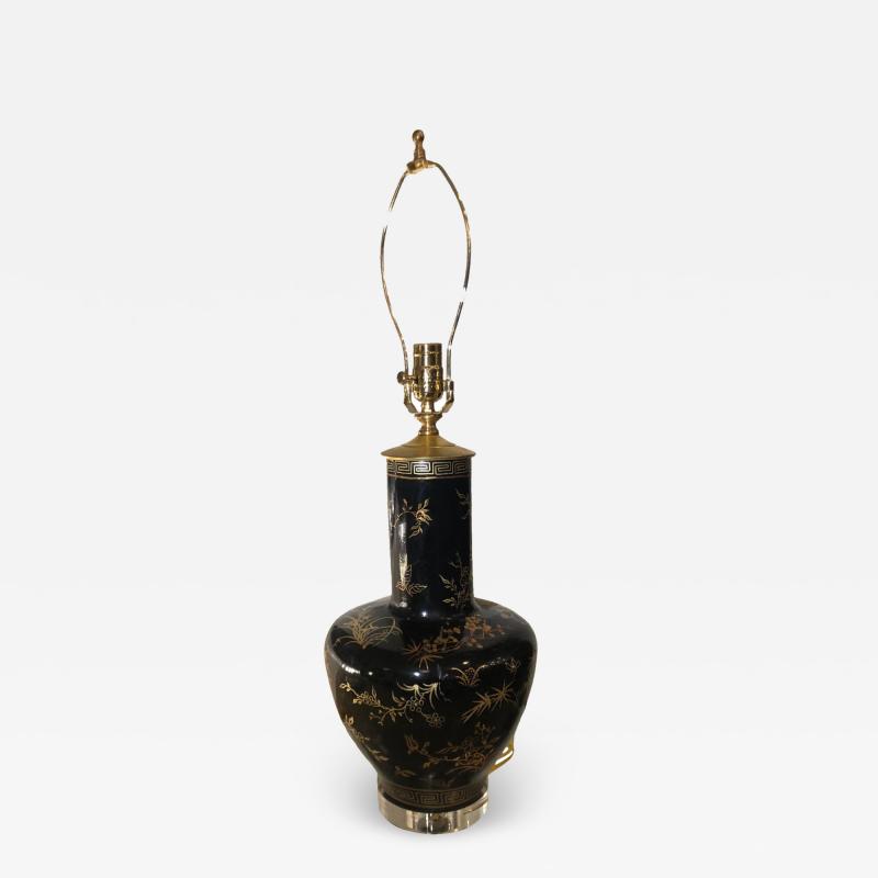 Antique Paper Mache Black Gold Chinoiserie Vase Designer Table Lamp