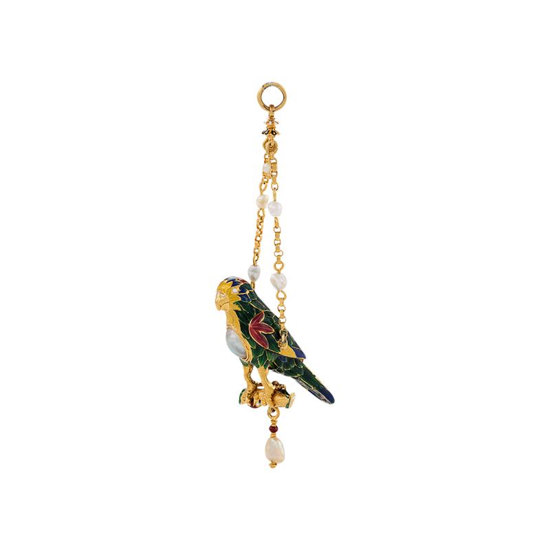 Antique Pearl Gold and Enamel Parrot Pendant