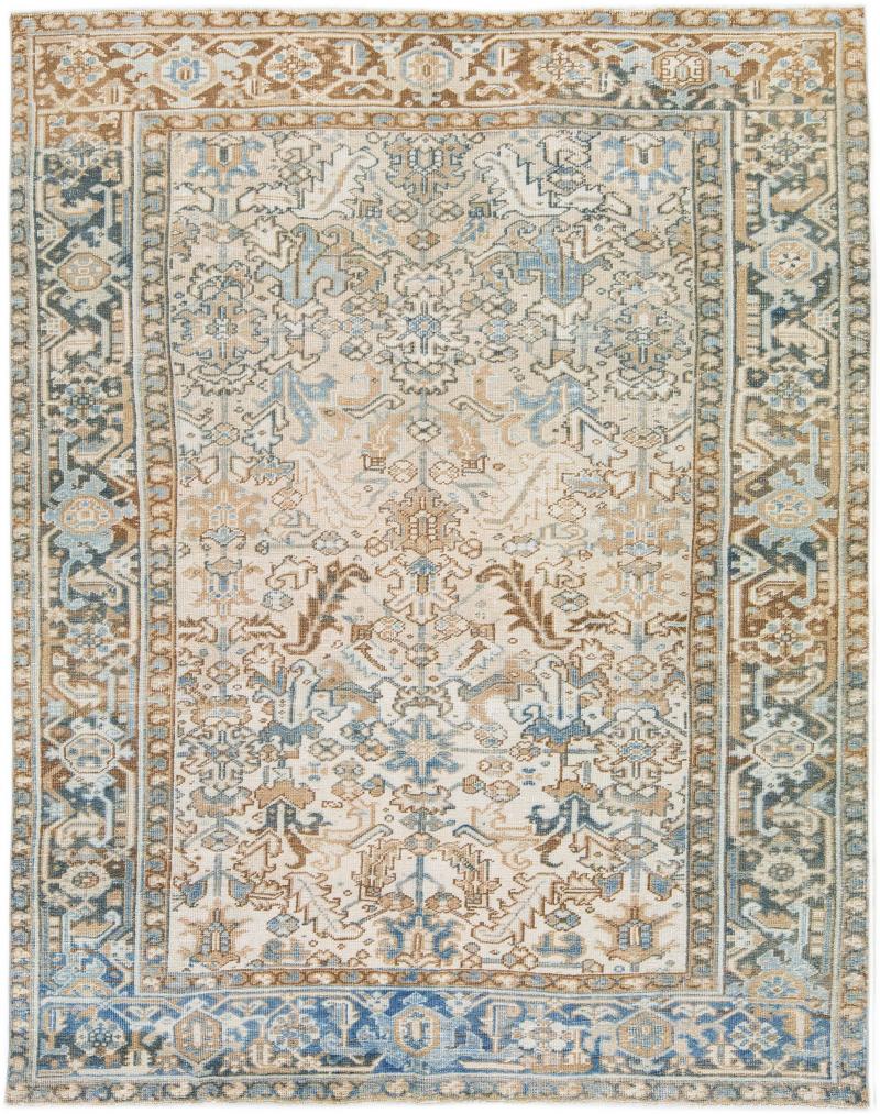 Antique Persian Heriz Beige Handmade Wool Rug with Allover Motif