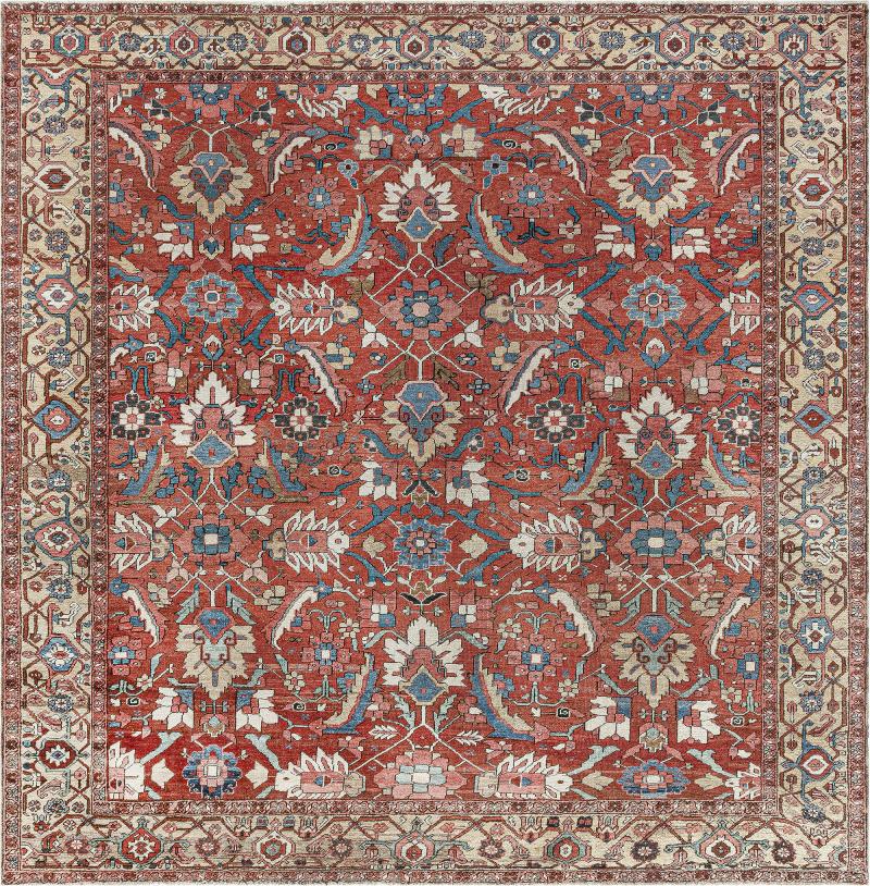 Antique Persian Heriz Rug in Blue Pink Red White and Yellow