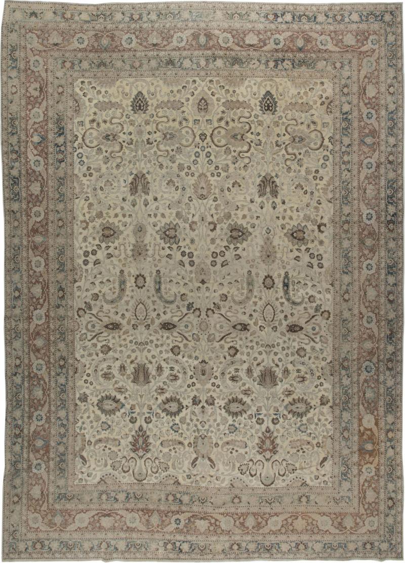 Antique Persian Khorassan Gray Beige Indigo Rust and Warm Brown Wool Rug