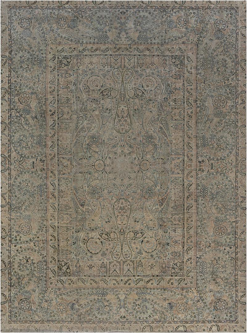 Antique Persian Kirman Blue Green Beige Handmade Wool Rug