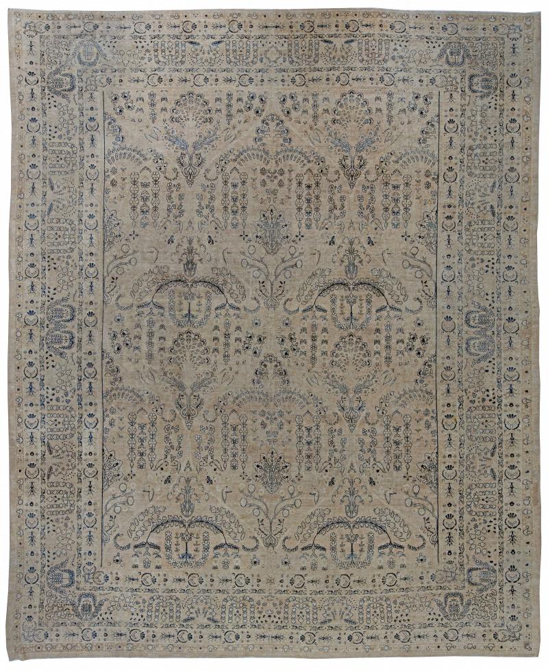 Antique Persian Kirman Camle Black and Blue Handwoven Wool Rug