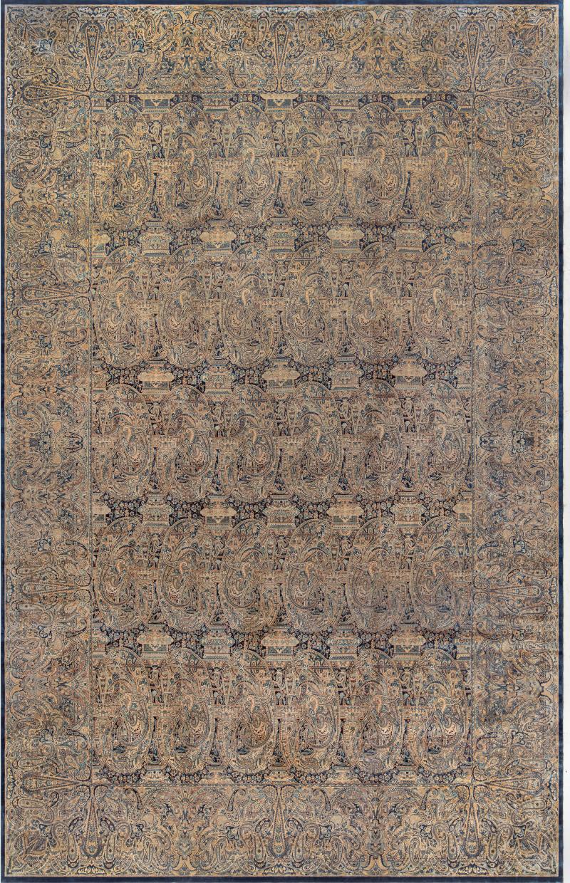 Antique Persian Kirman Floral Beige Handmade Wool Rug