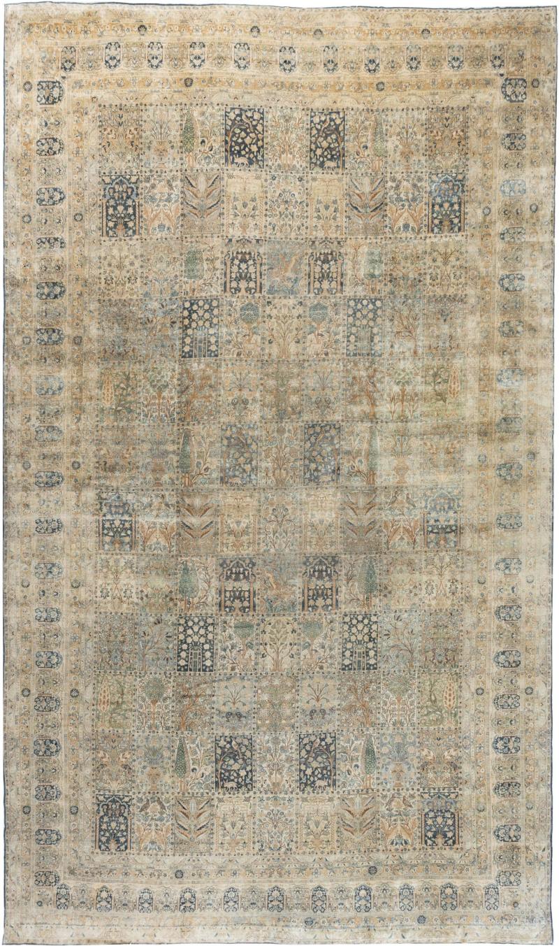 Antique Persian Kirman Green Beige Handmade Wool Carpet