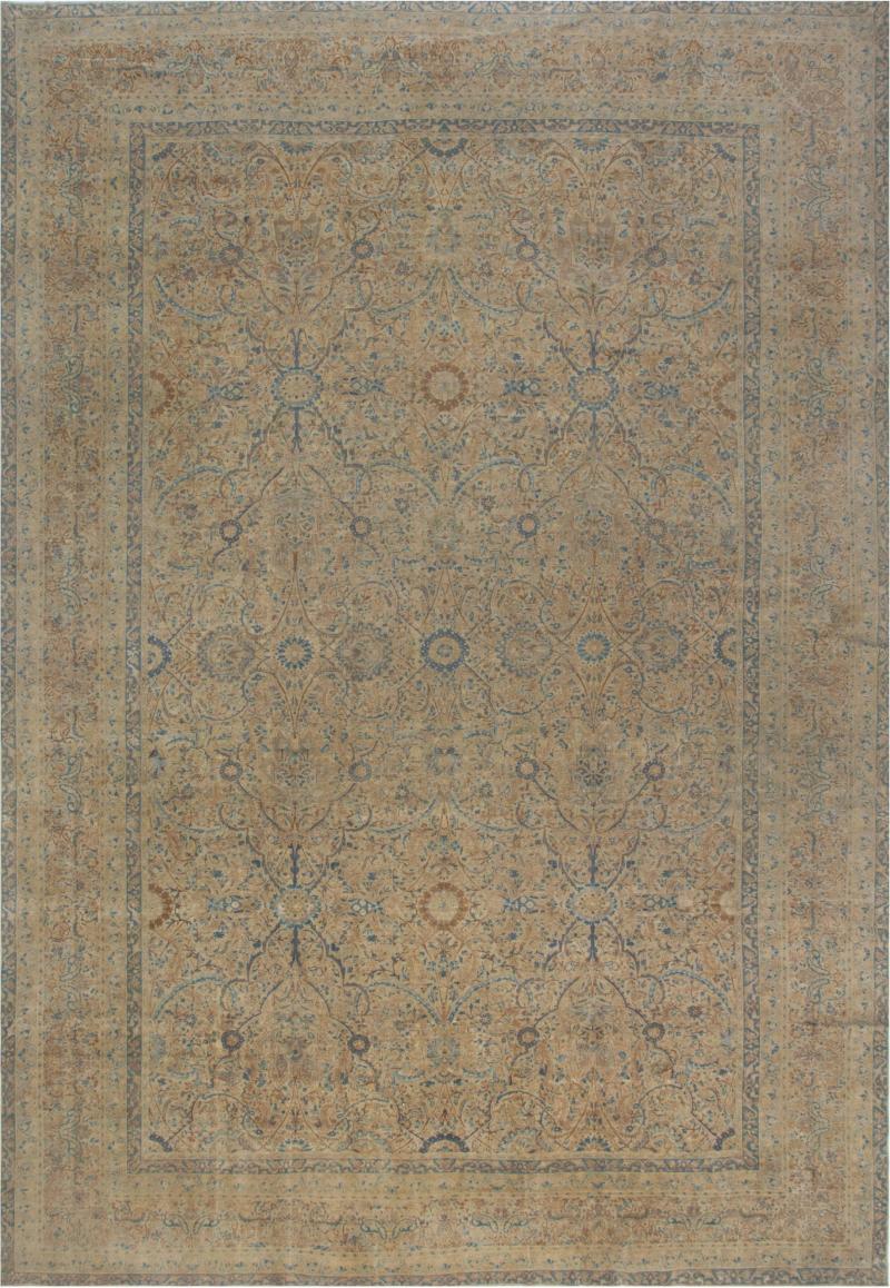 Antique Persian Kirman Orange Beige and Blue Hand Knotted Wool Rug