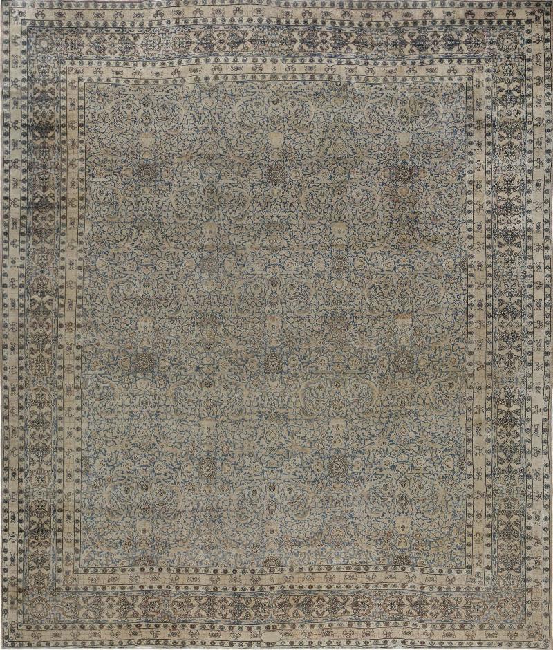 Antique Persian Kirman Rug in Beige Blue and Brown