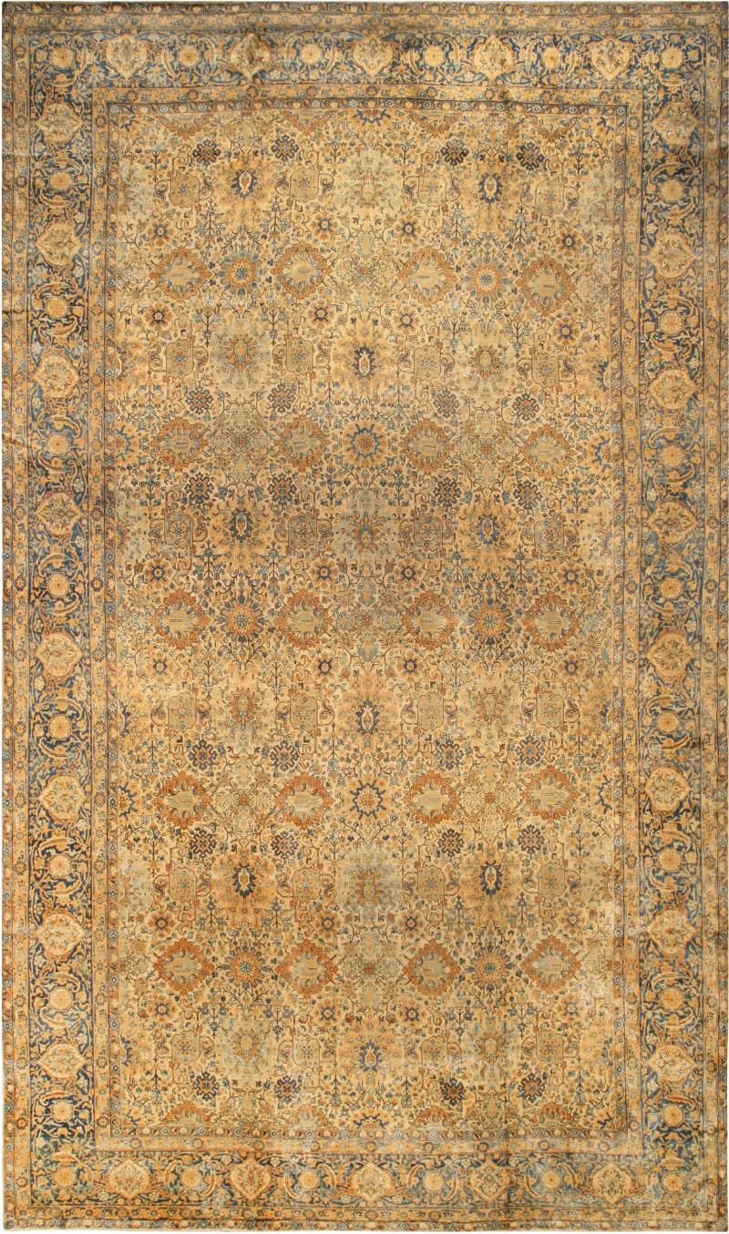 Antique Persian Kirman Yellow Handmade Wool Rug