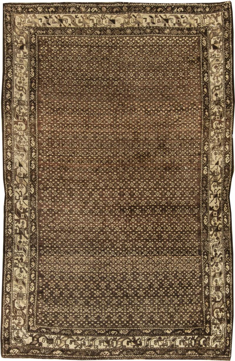 Antique Persian Malayer Chocolate Brown Sandy Beige Hand Knotted Wool Rug