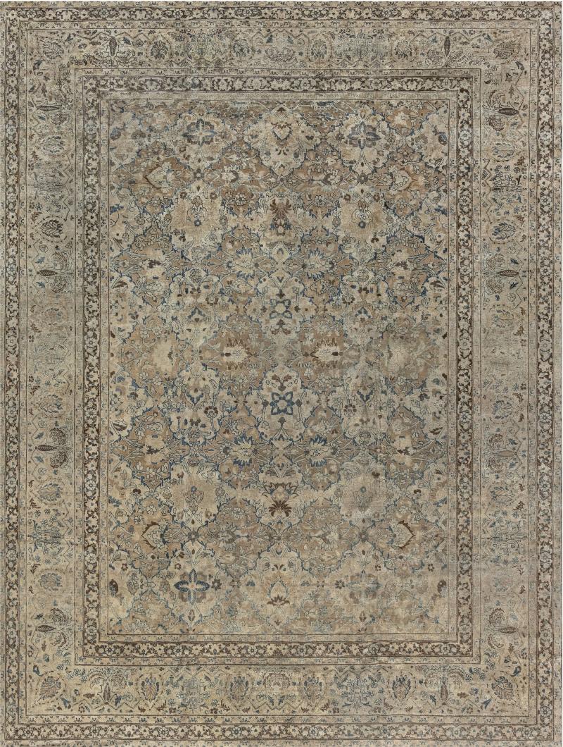 Antique Persian Meshad Botanic Blue Brown Hand Knotted Wool Rug