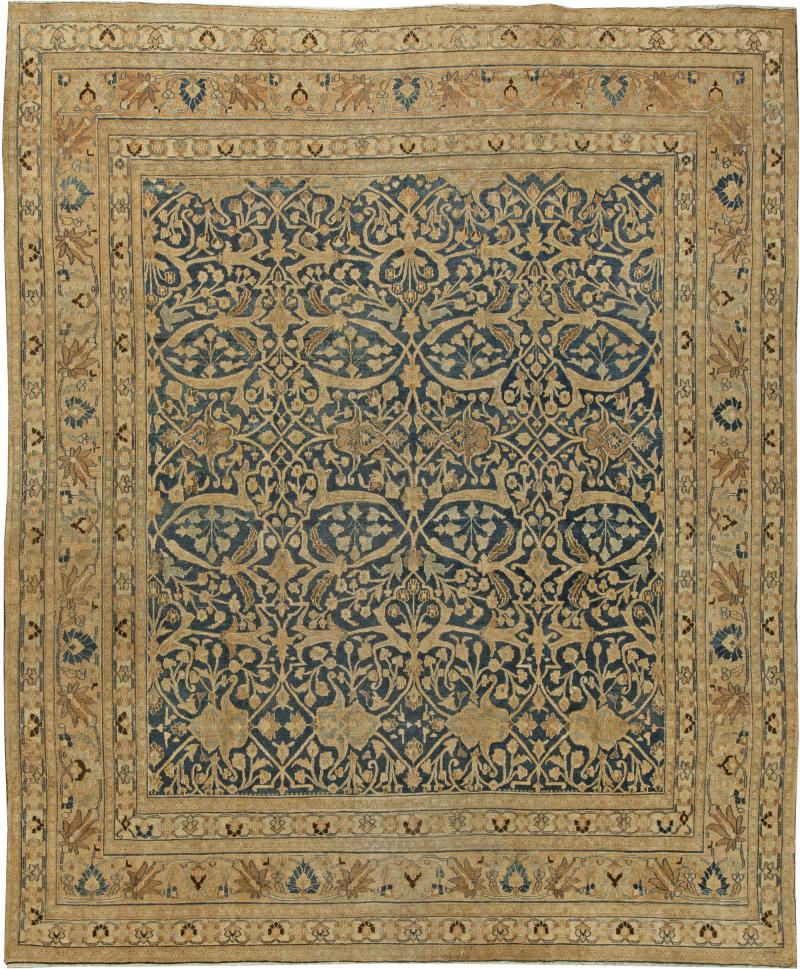 Antique Persian Meshad Botanic Golden Beige Brown Black Handwoven Wool Rug