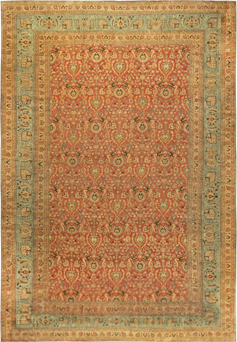 Antique Persian Meshad Botanic Orange Handmade Wool Rug