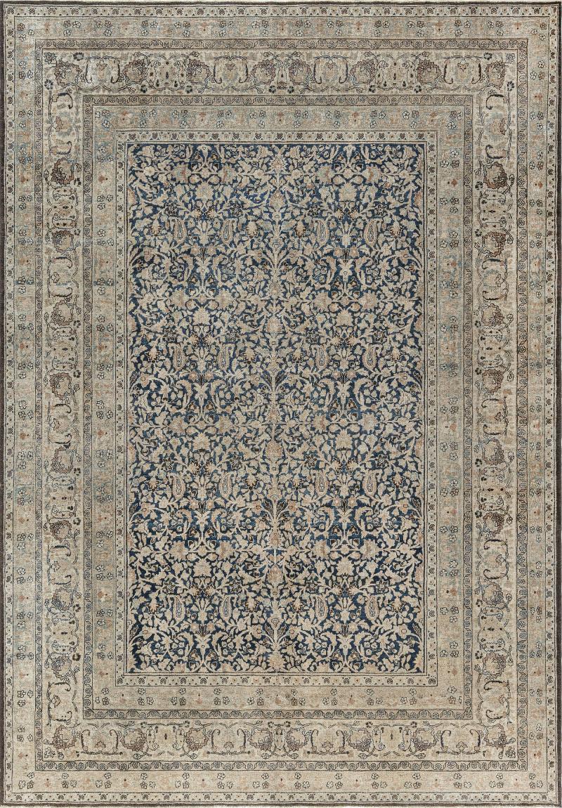 Antique Persian Meshad Rug in Beige Blue and Brown