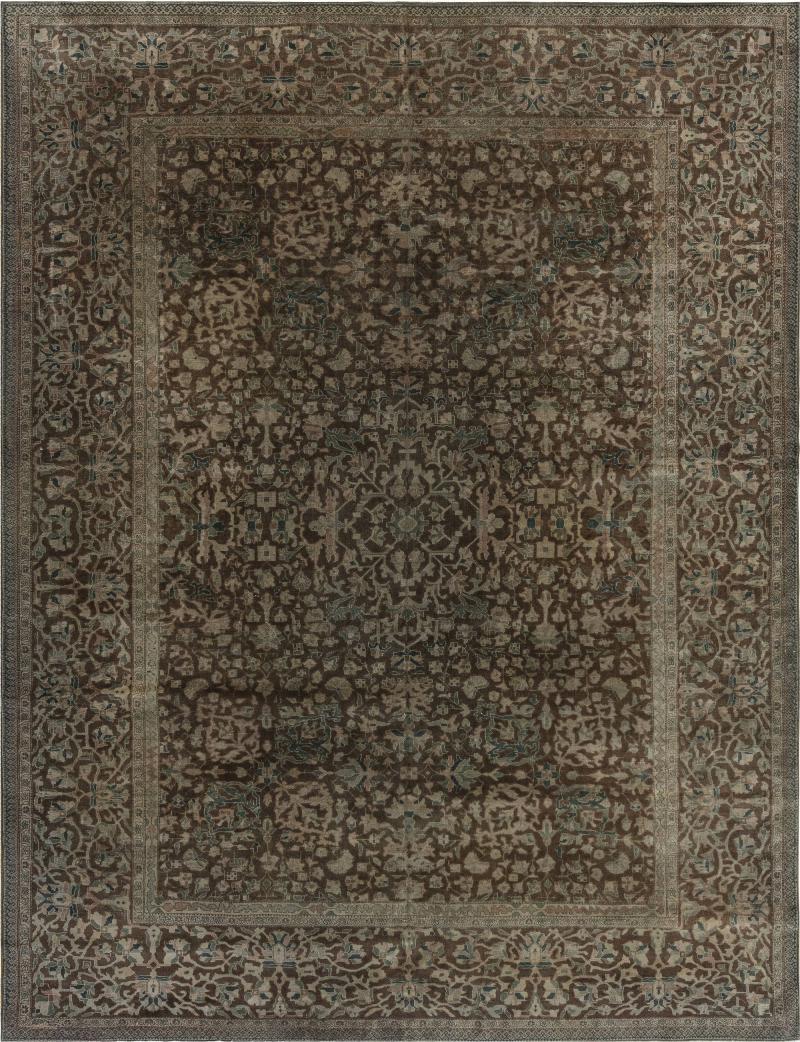 Antique Persian Sarouk Botanic Brown Handmade Wool Rug