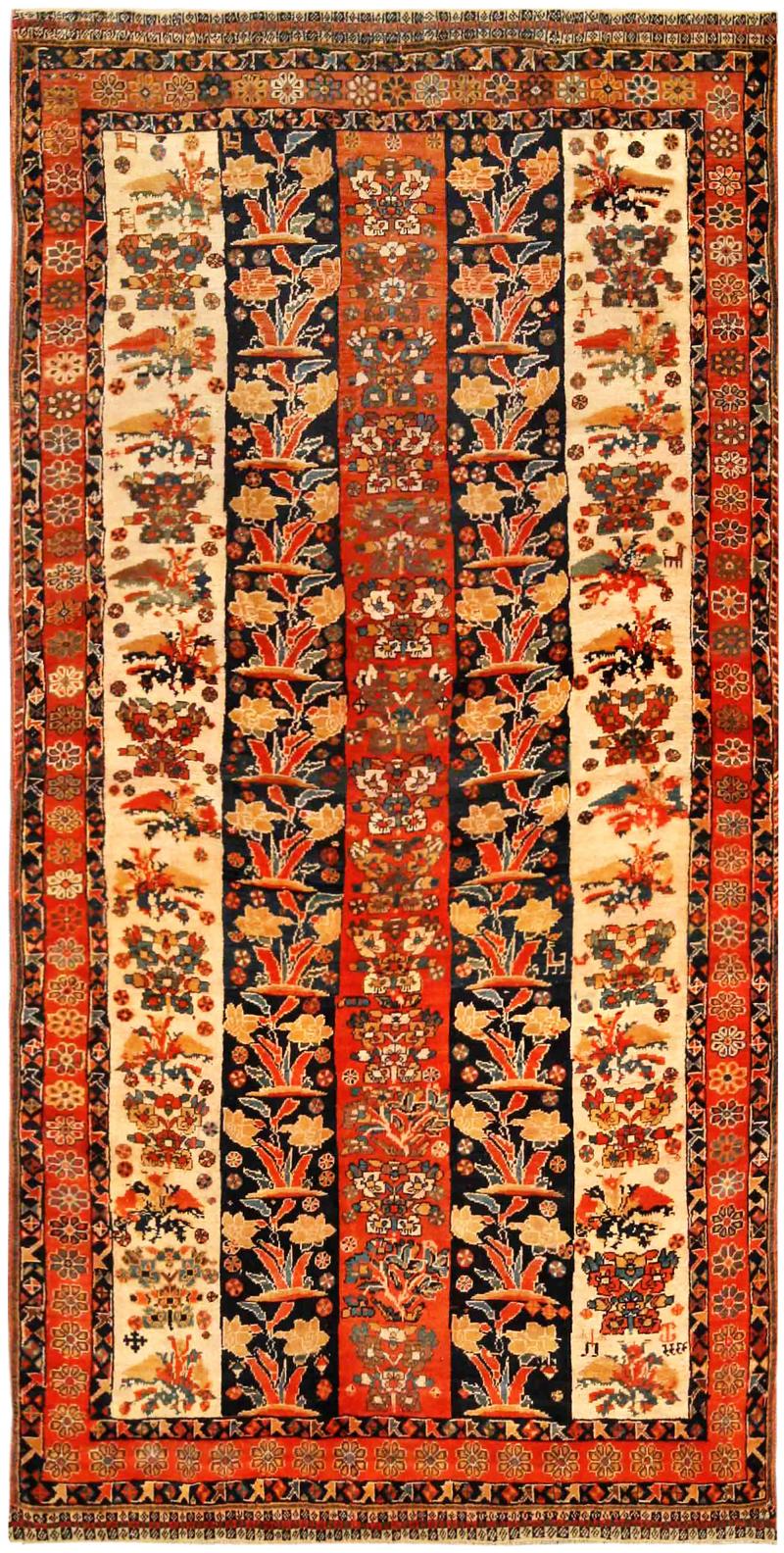 Antique Persian Shiraz Red Ivory Black Handmade Wool Carpet
